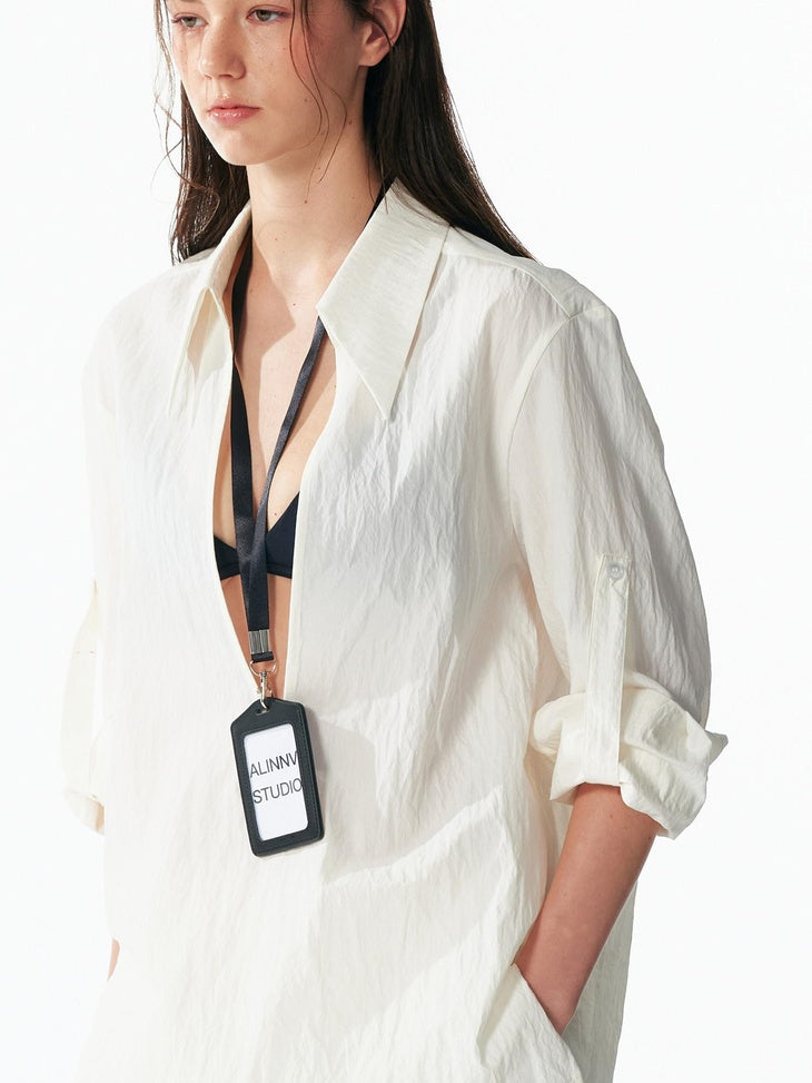 ALINNVSTUDIO Shape Retaining Loose V-neck Long Sleeve Pullover Womens Ivory Brown Shirts