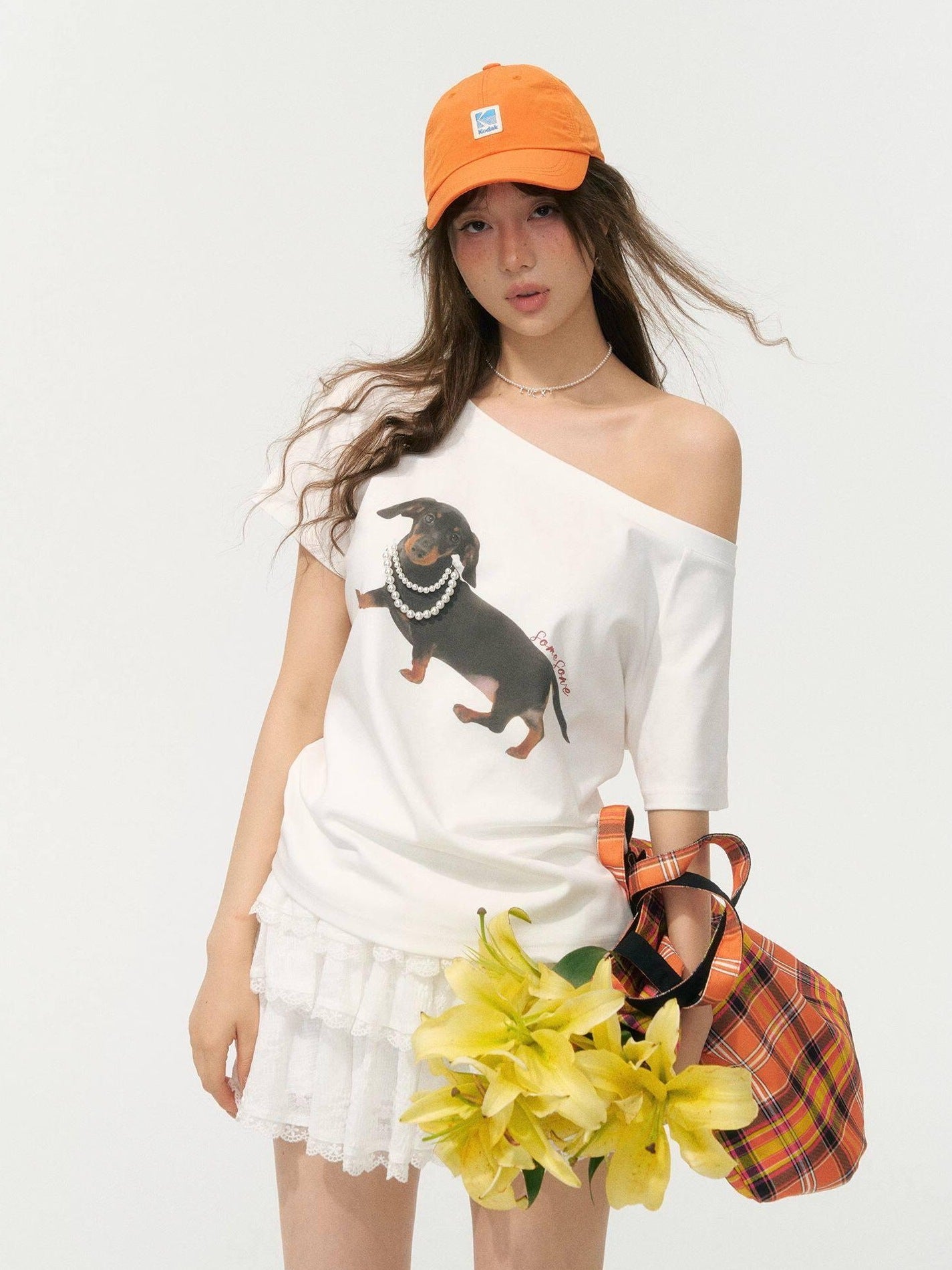 SOMESOWE Stretch Cotton Oversized Asymmetric Neck Animal Embroidered Short Sleeve T-Shirts