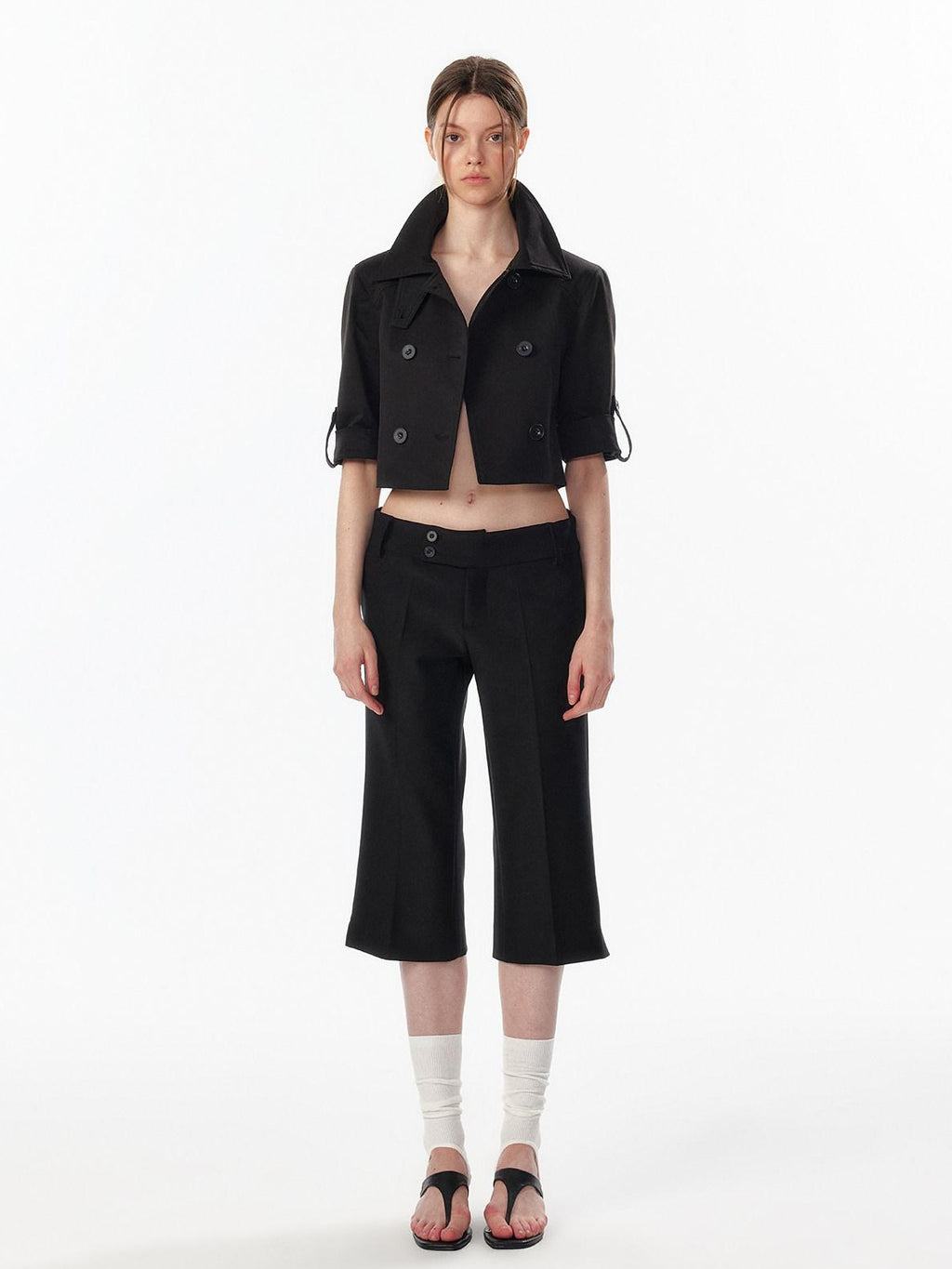 Casual High Waist Double Breasted Cropped Black Cotton Blend Women Trench Coats
