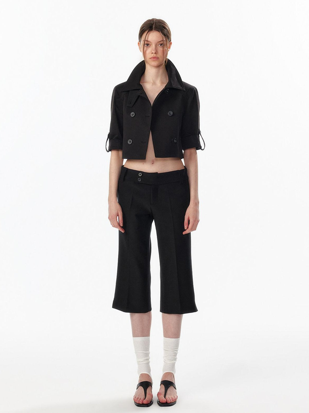 Casual High Waist Double Breasted Cropped Black Cotton Blend Women Trench Coats