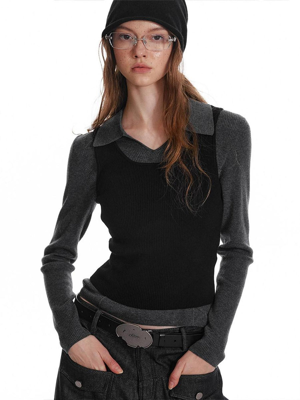 ALINNVSTUDIO Office Casual Two Piece Layered Vest Set Youth Solid Long Sleeve T-Shirts