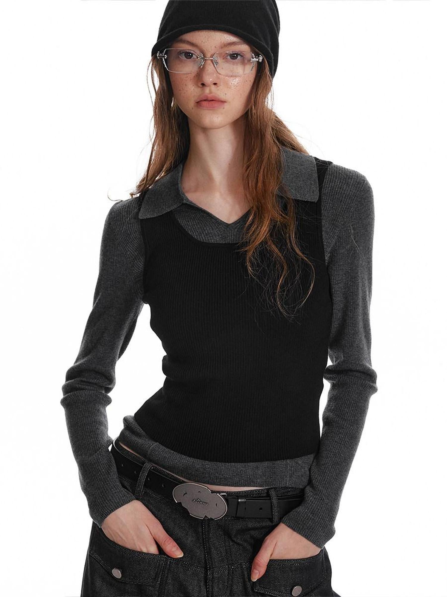 ALINNVSTUDIO Office Casual Two Piece Layered Vest Set Youth Solid Long Sleeve T-Shirts