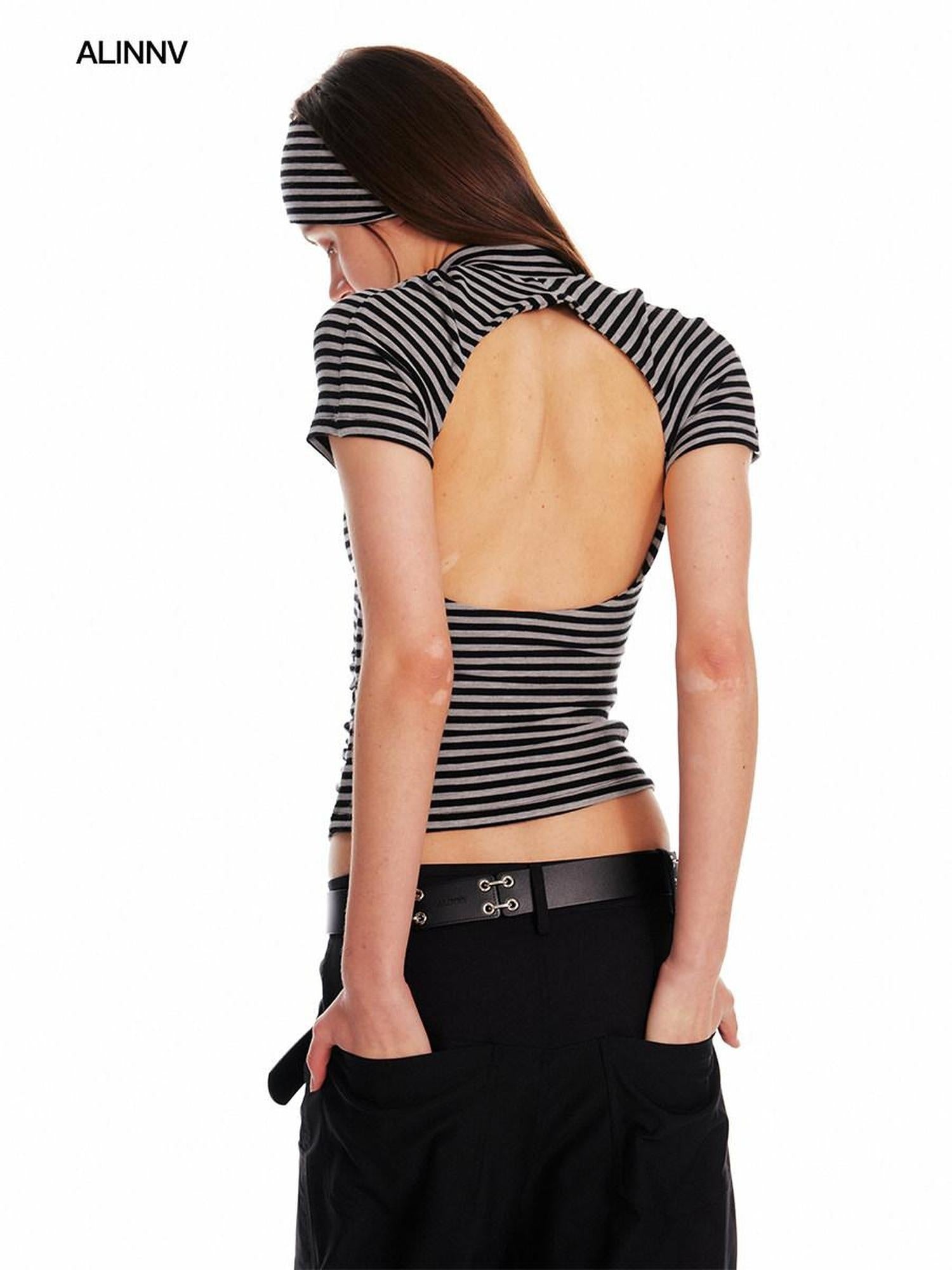 ALINNVSTUDIO Creative Patchwork Slim Fit Cropped Crewneck Striped Gray Short Sleeve T-Shirts