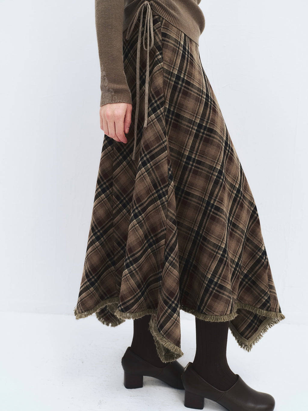 someonesometimes High Waist Vintage Irregular Hem Loose Fit Olive Check Casual Women Maxi Skirts