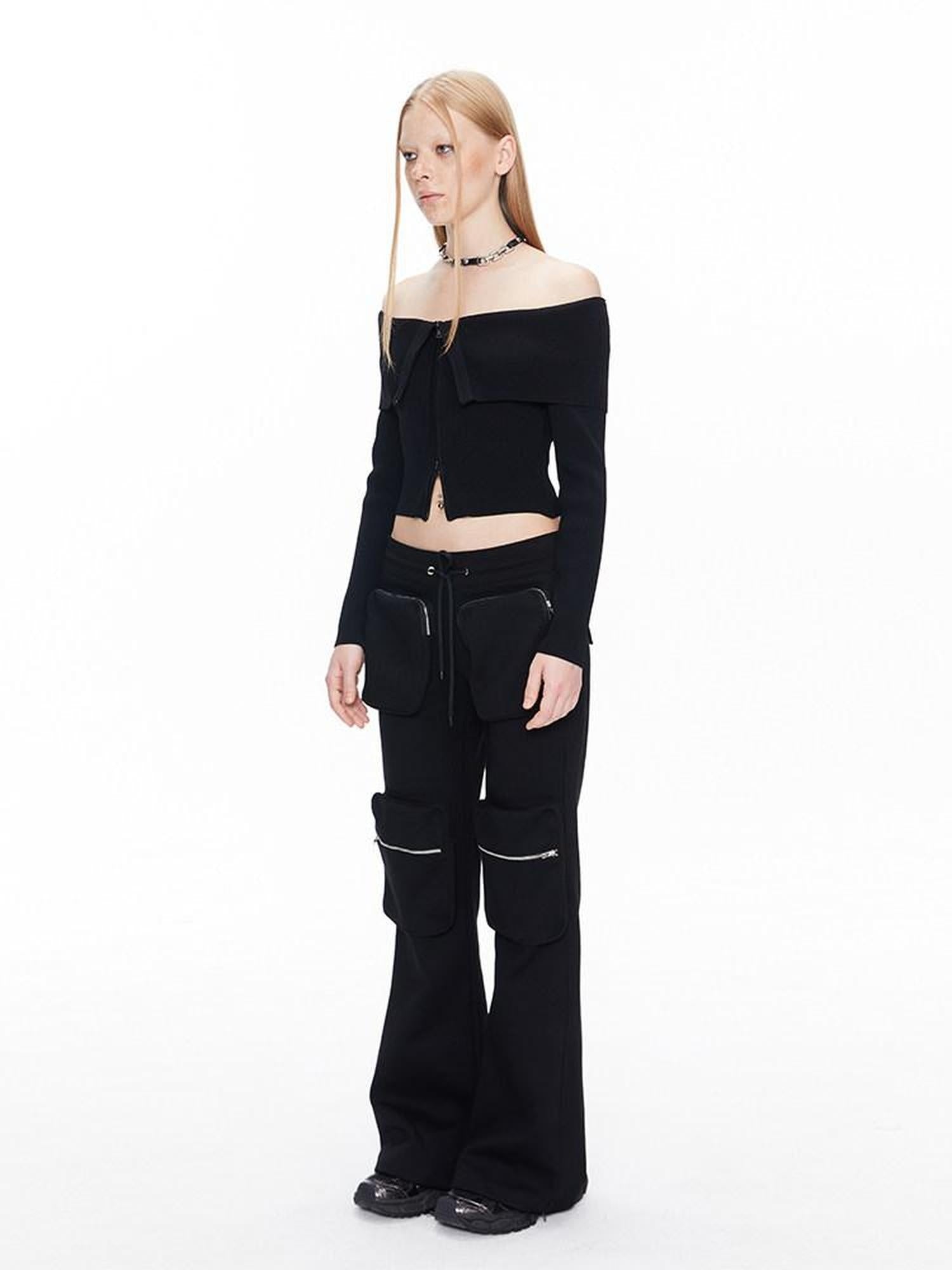 ALINNVSTUDIO Black Long Sleeve One Size Open Front Office Style Solid Off Shoulder Crop Tops