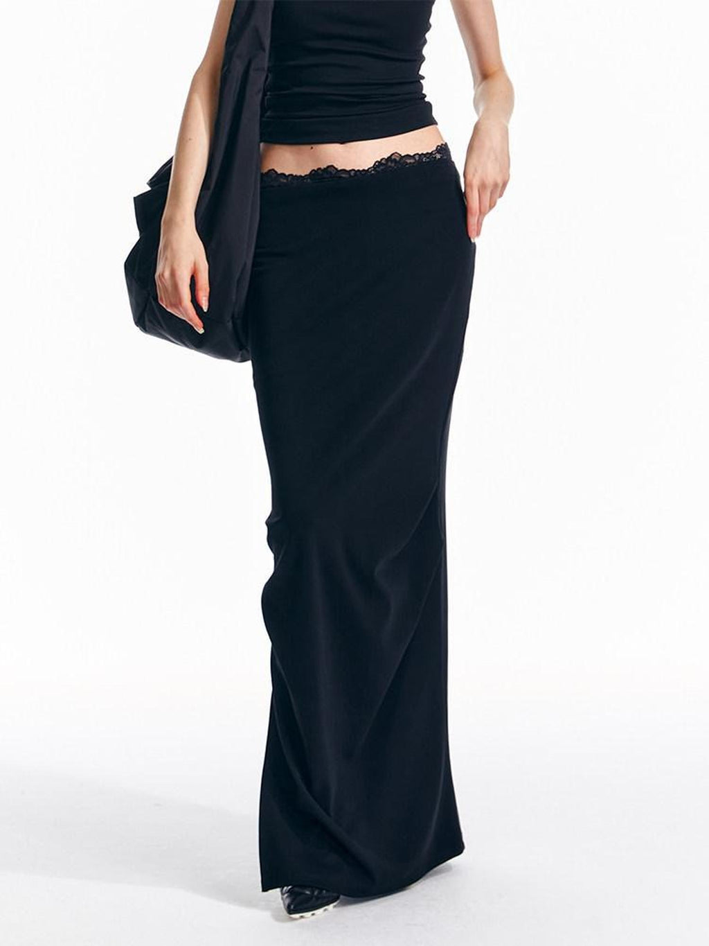 ALINNVSTUDIO Lace Knit Mid Waist Bodycon Slim Fit Youthful Black Grey Maxi Skirts