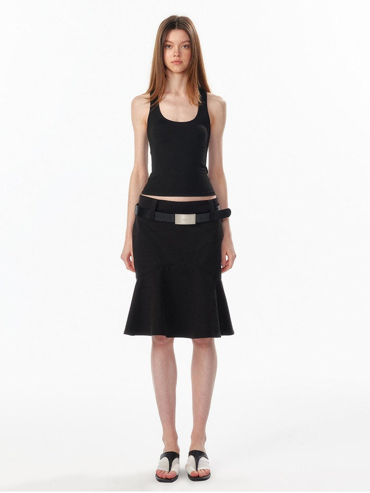 ALINNVSTUDIO Lined Wide Waistband Fishtail Mermaid Back Zipper Women Black Denim Midi Skirts