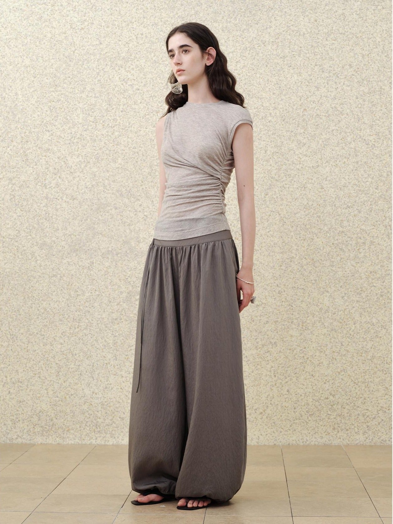 someonesometimes Soft Modal Loose Lantern Natural Waist Button Smoky Grey Wide Leg Pants