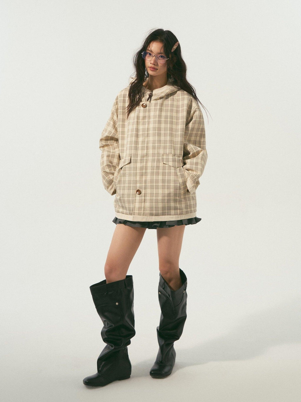 SOMESOWE Versatile Hooded Mid Length Loose Fit Women Plaid Polyester Jackets