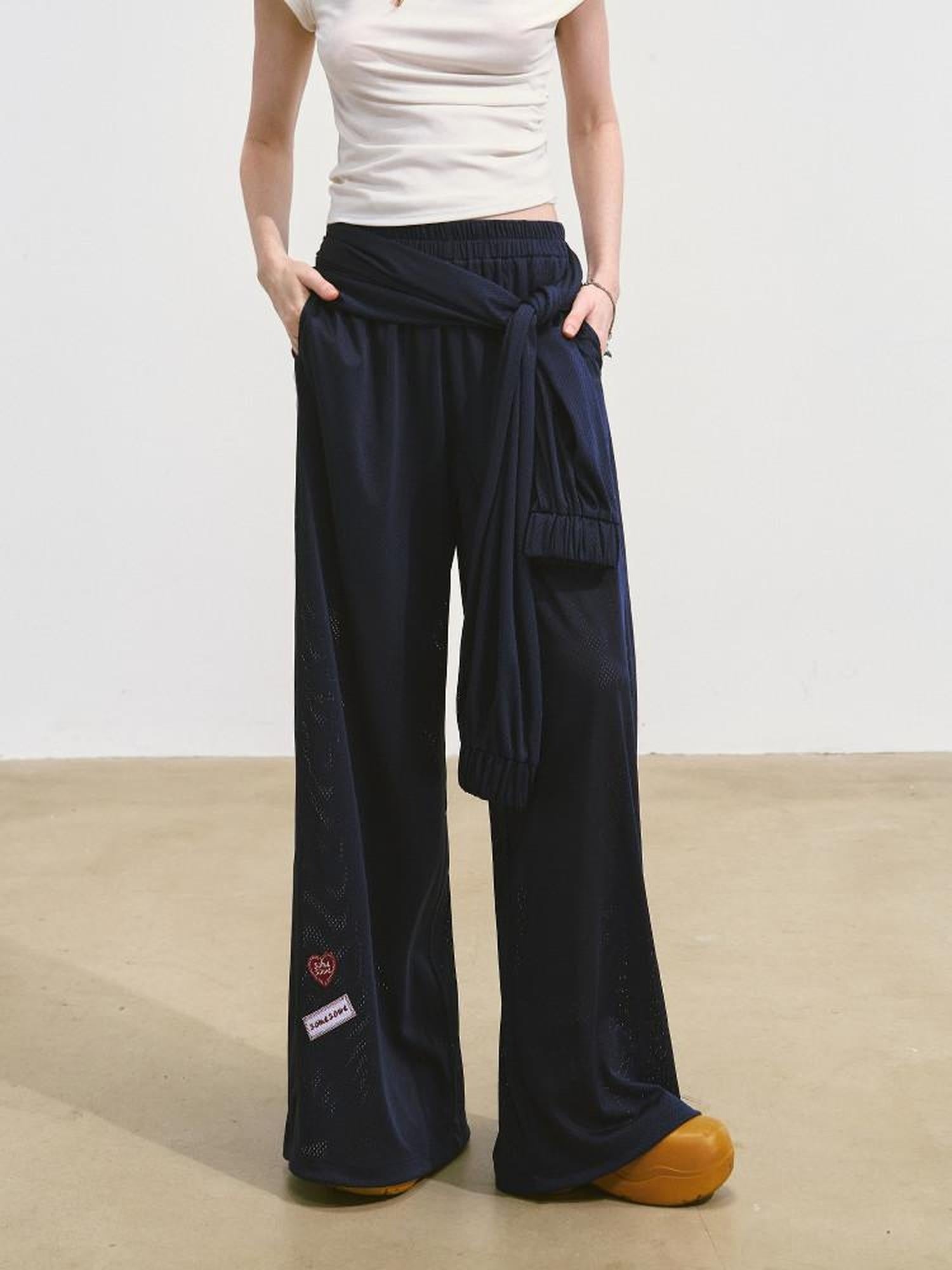 SOMESOWE Asymmetrical Pocket Versatile Straight Elastic Natural Waist Wide Leg Pants