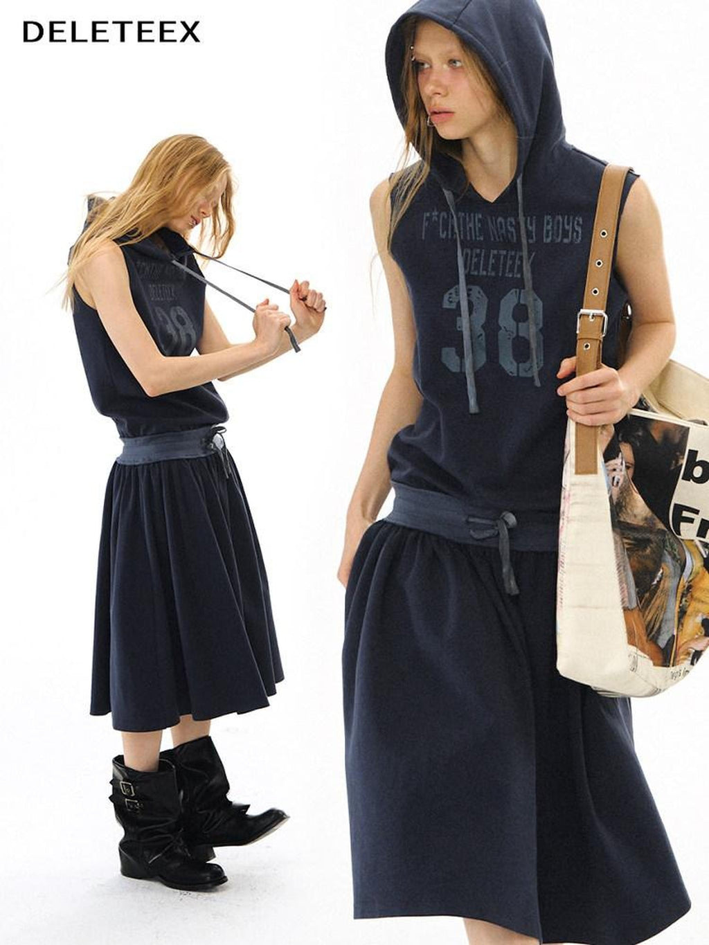 DeleteEx Soft Cotton Blend Elastic Waist Insta Sleeveless Printed Vest Navy Midi Dresses