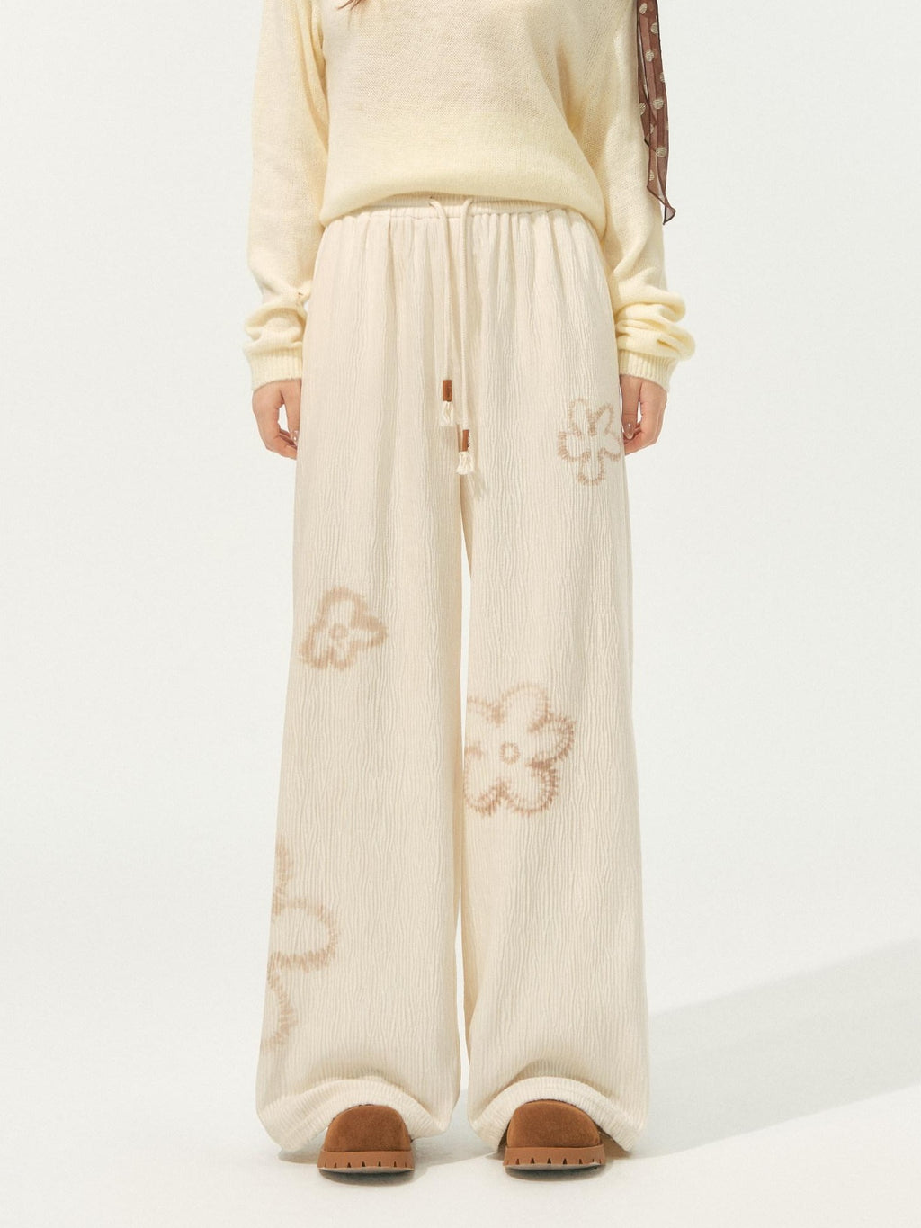SOMESOWE Pleated Floral Pocket Loose Beige Womens Polyester Wide Leg Pants