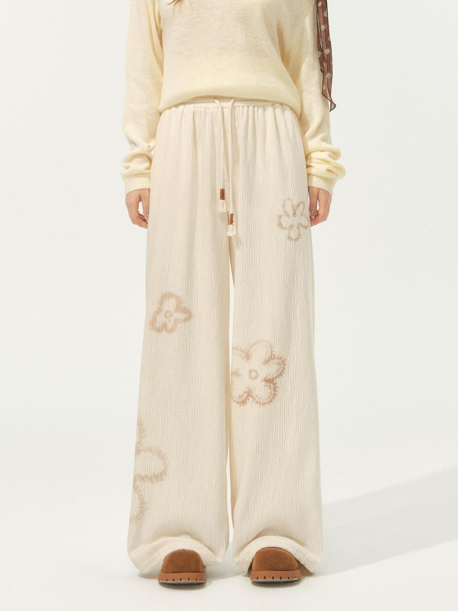 SOMESOWE Pleated Floral Pocket Loose Beige Womens Polyester Wide Leg Pants