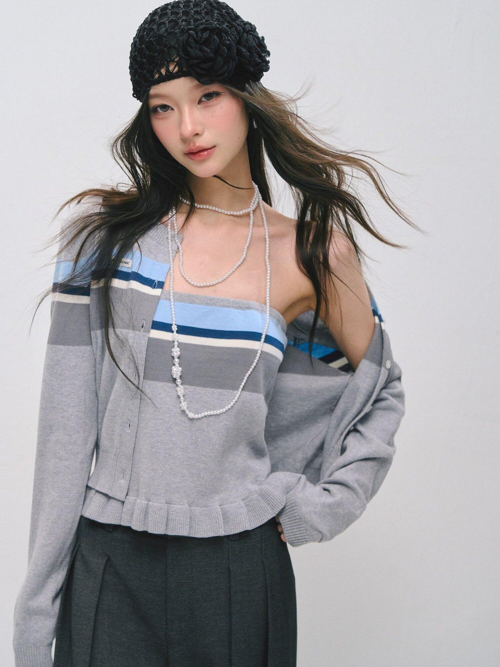 SOMESOWE Ruffle Collared Cardigan Long Sleeve Loose Fit Women Blue Top & Skirt Sets