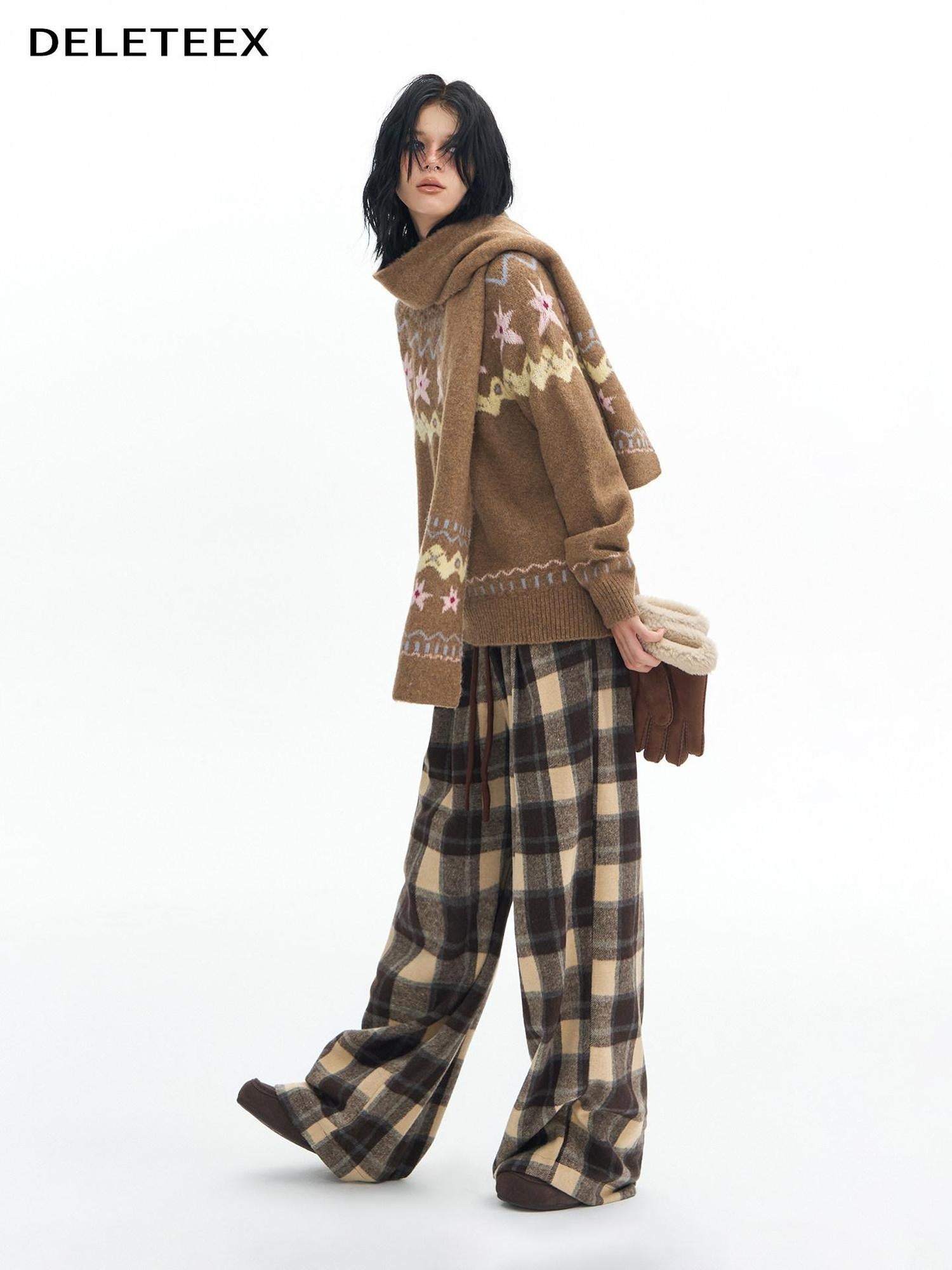 DeleteEx High Waist Vintage Plaid Womens London Polyester Wide Leg Pants