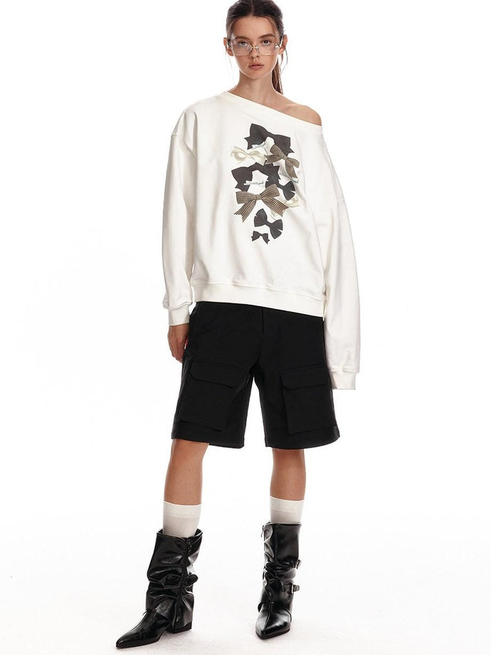 ALINNVSTUDIO Bow Accent Loose Fit Office Round Neck Women White And Gray Sweatshirt