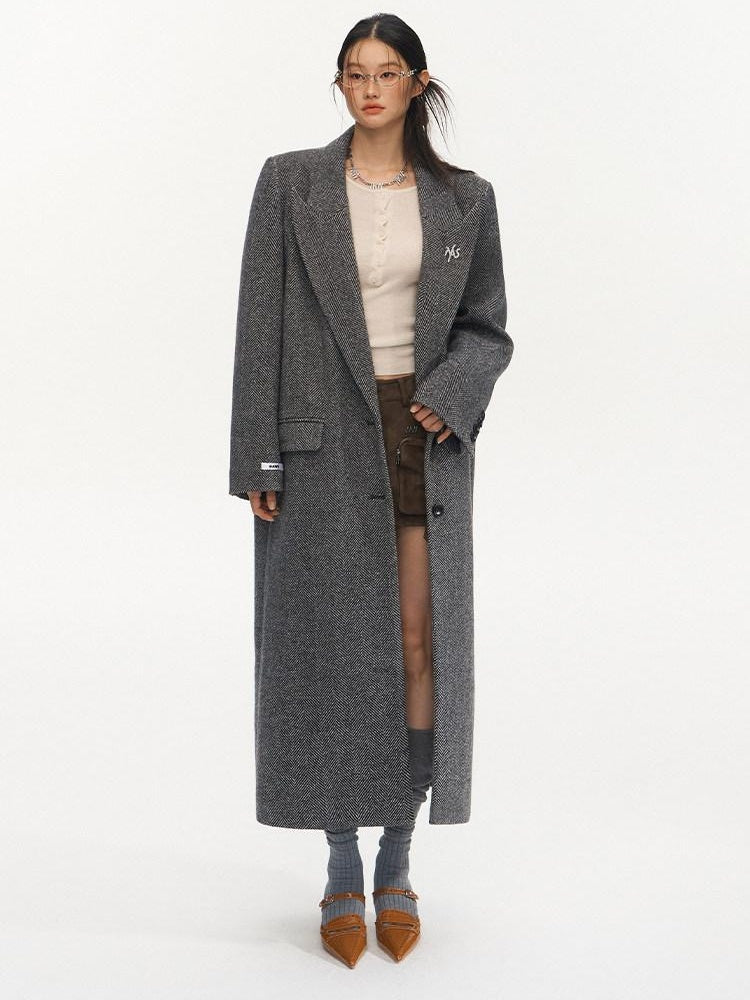 NAWSNOTAWEAR Herringbone Wool Blend Loose Fit Blazer Collar Women Single Breasted Wool Coats