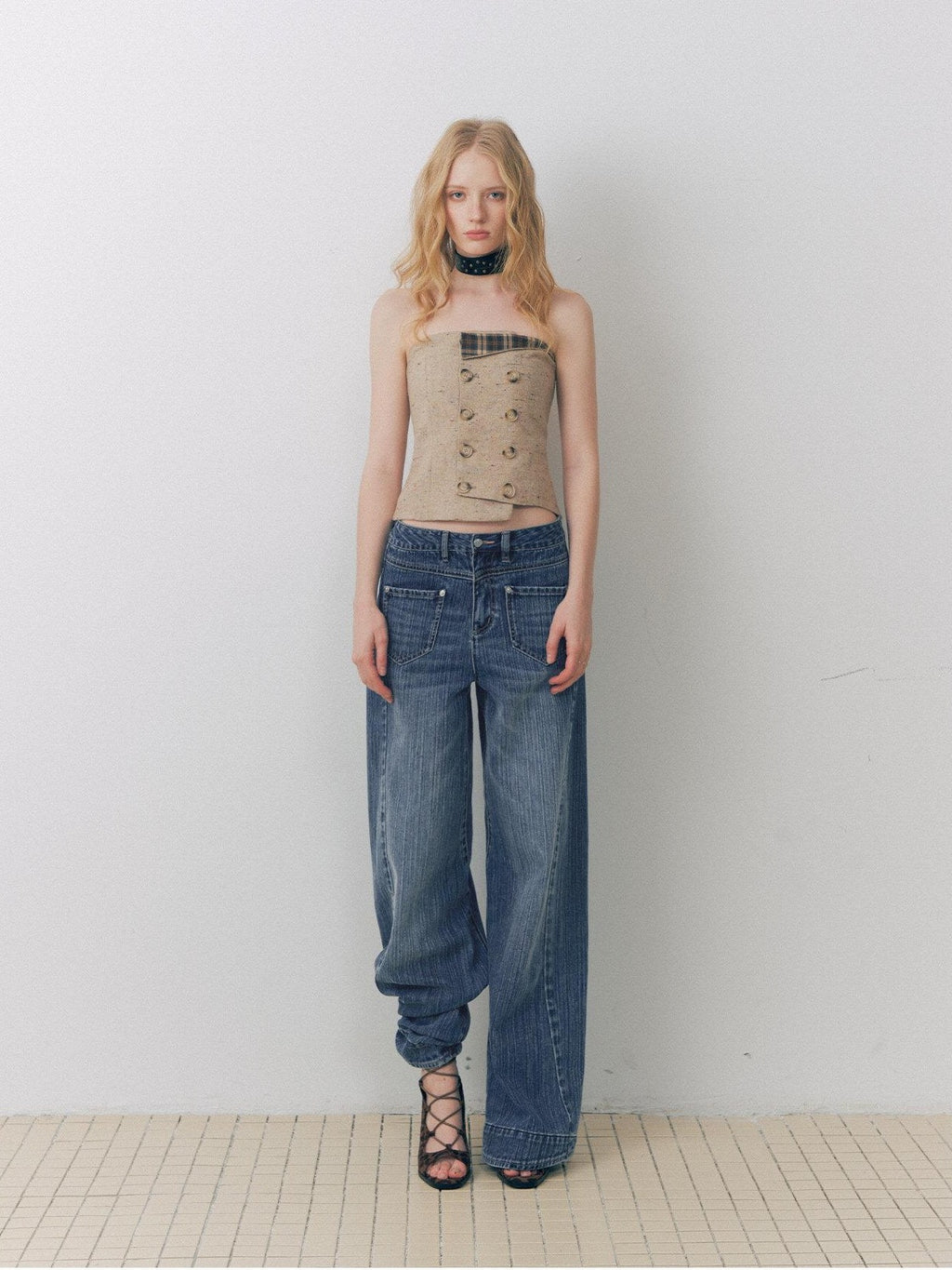 DeleteEx Cityscape Chic Loose Fit Natural Waist Button Fly Blue Women Wide Leg Jeans