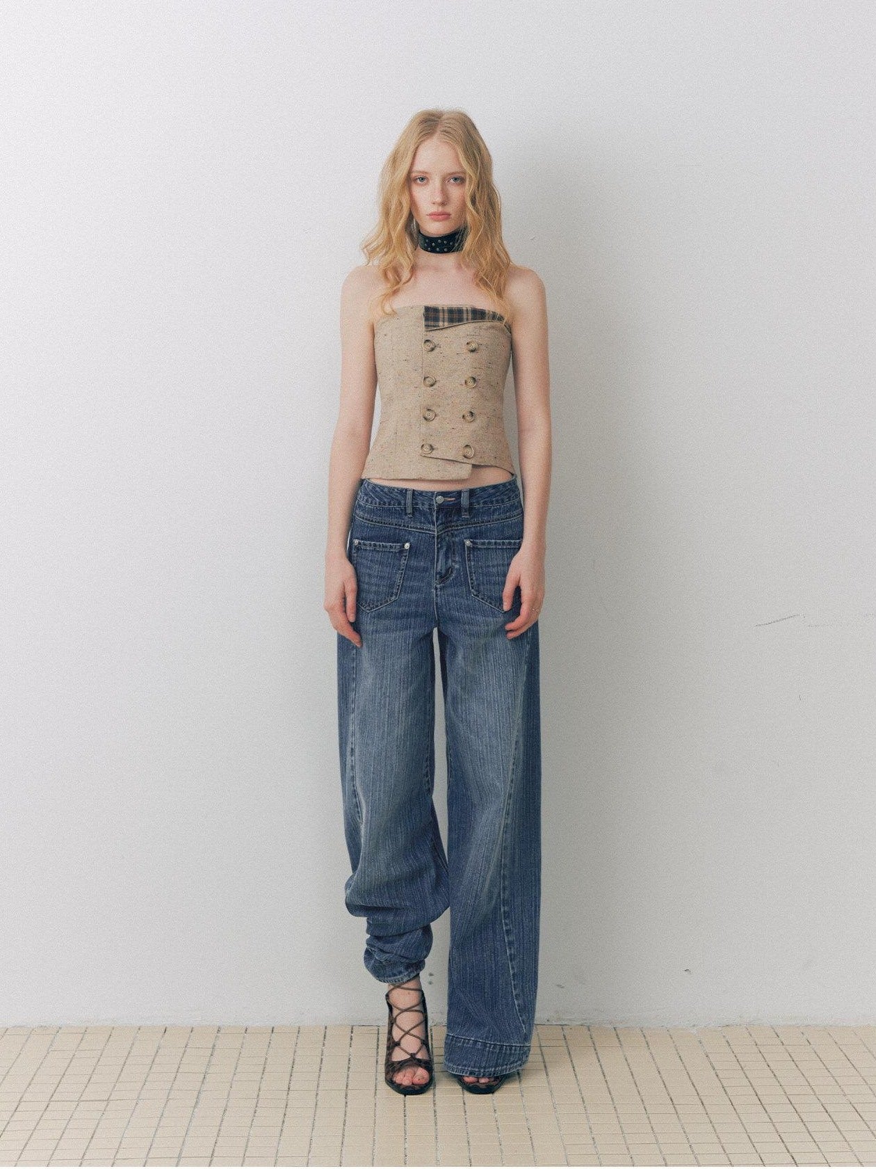 DeleteEx Cityscape Chic Loose Fit Natural Waist Button Fly Blue Women Wide Leg Jeans