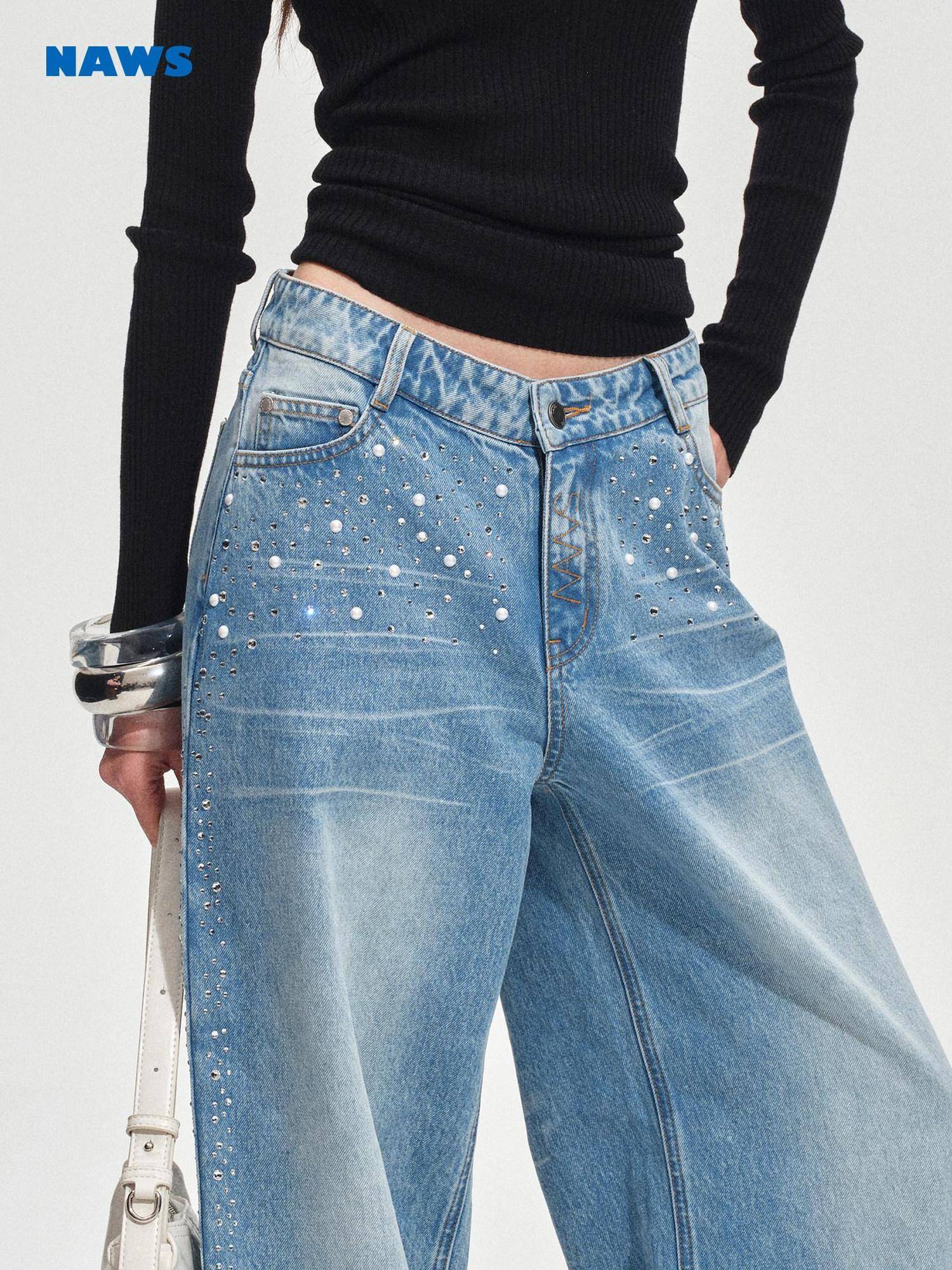 NAWSNOTAWEAR Rhinestone Embellished Vintage Low Waist Glacier Blue Wide Leg Jeans