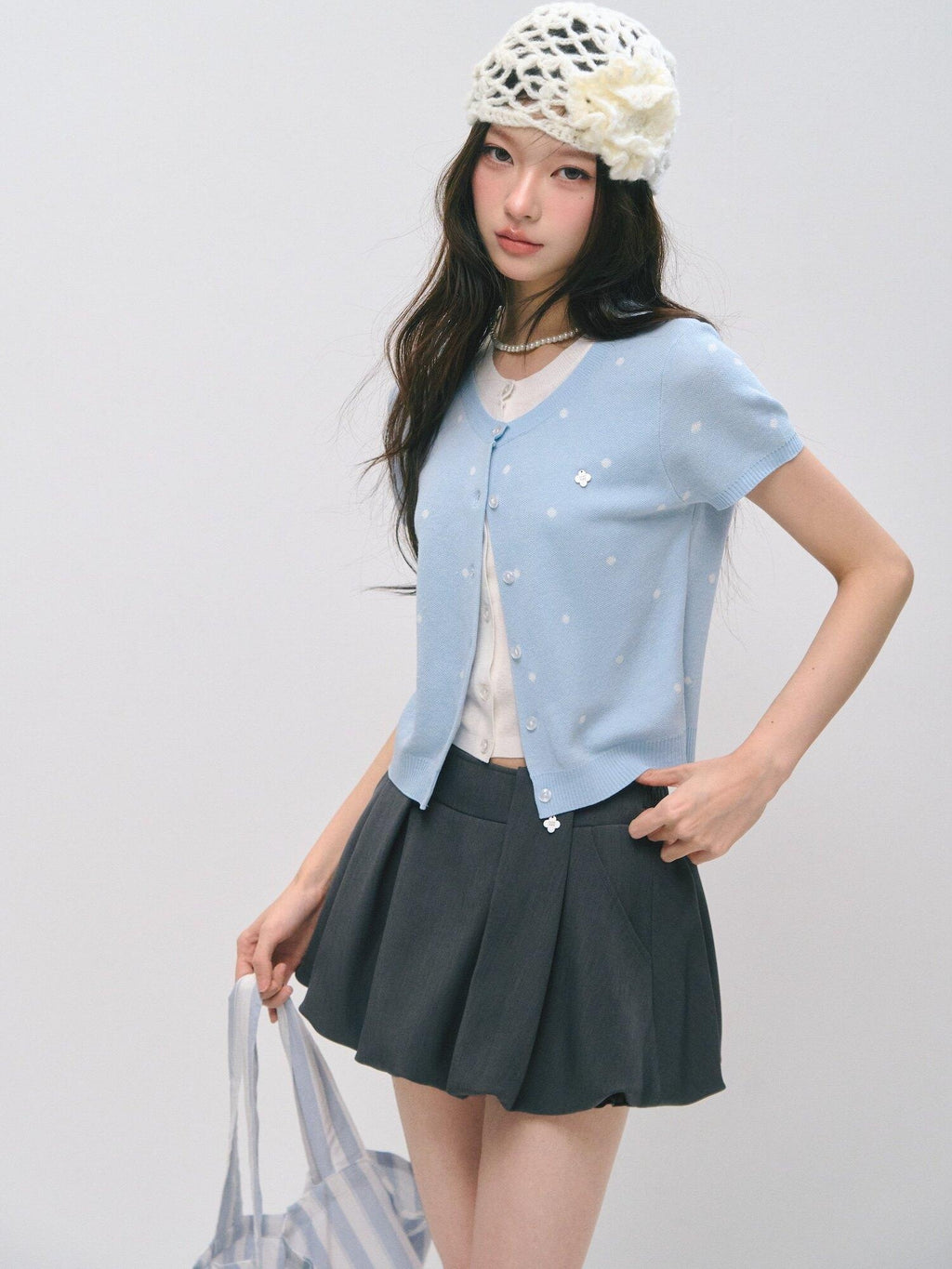 Polka Dot Knitted Casual Short Sleeve Two Piece Women T Shirt Basic Crop Tops