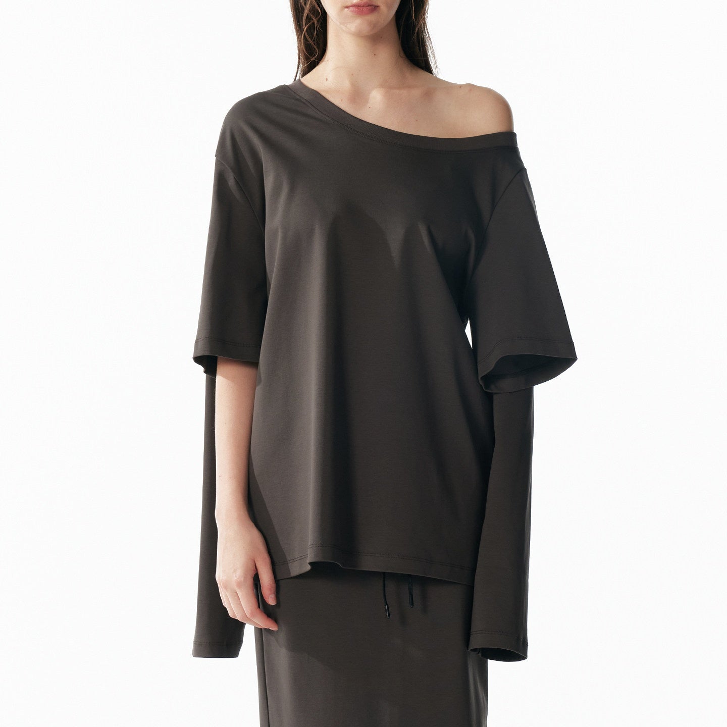 ALINNVSTUDIO_Vintage_Asymmetric_Off_Shoulder_Loose_Cotton_Women_Black_Top_&_Skirt_Sets_MISSTT