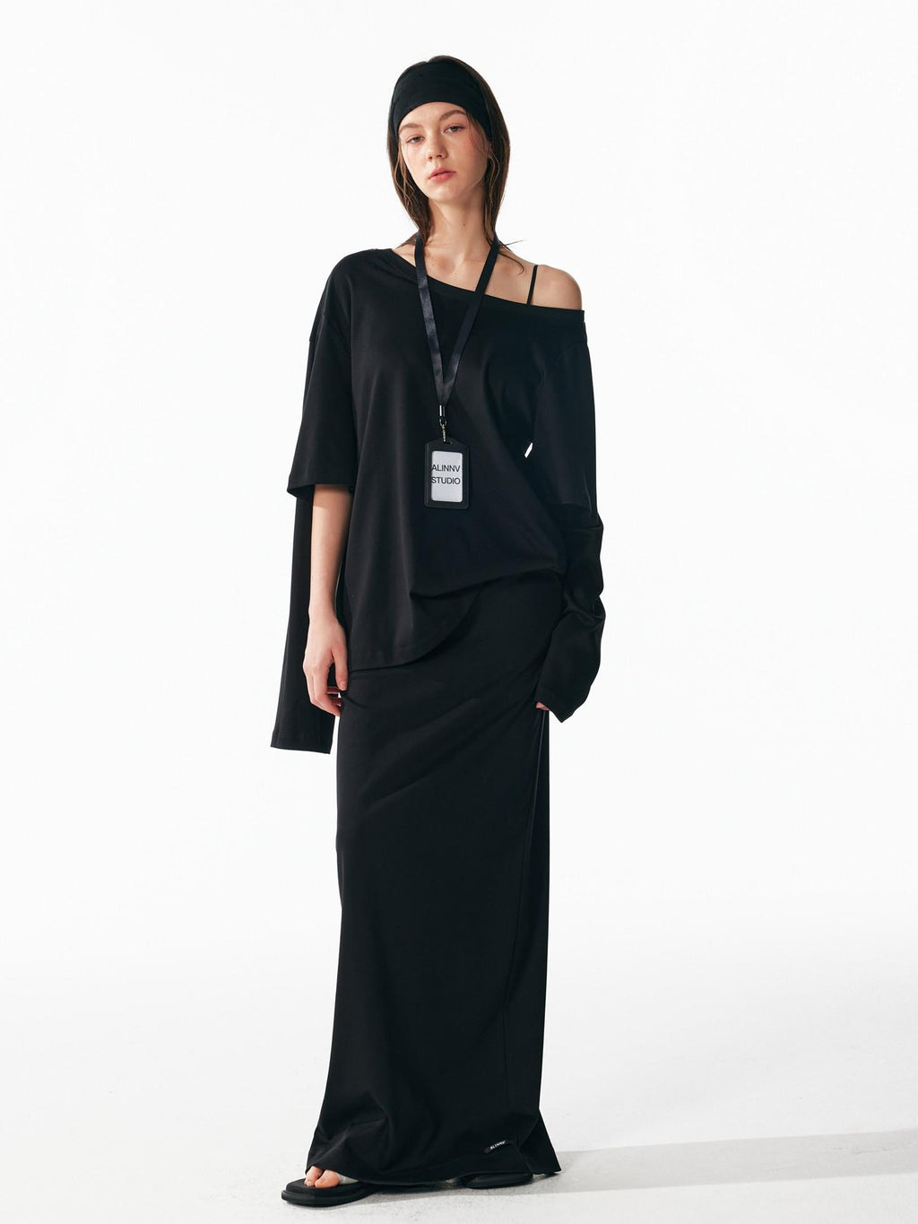 ALINNVSTUDIO Vintage Asymmetric Off Shoulder Loose Cotton Women Black Top & Skirt Sets