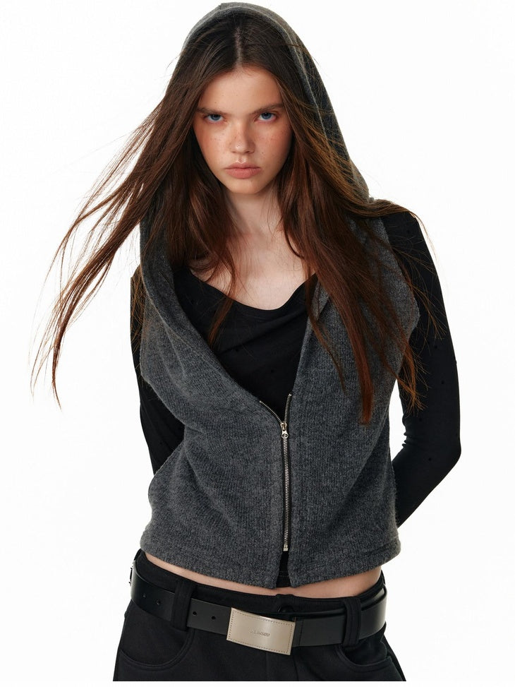 ALINNVSTUDIO Vintage Faux Layered Hooded Zip Knit Short Length Women Black Gray Cardigans