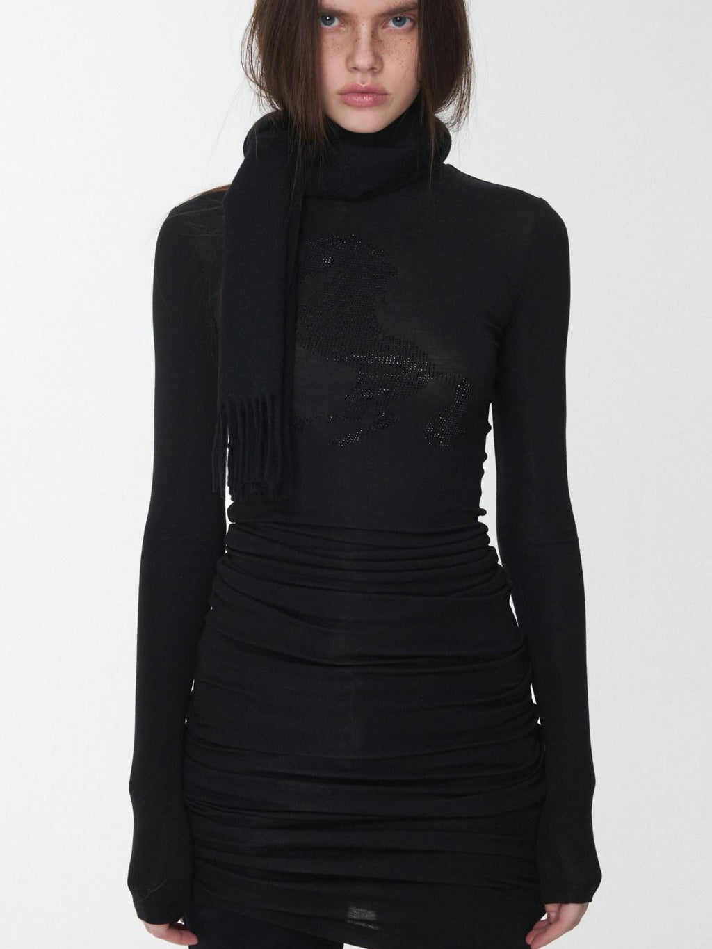 1JINN STUDIO Lyocell Wool Blend Turtleneck Long Sleeve Slim Fit Casual Women Mini Dresses