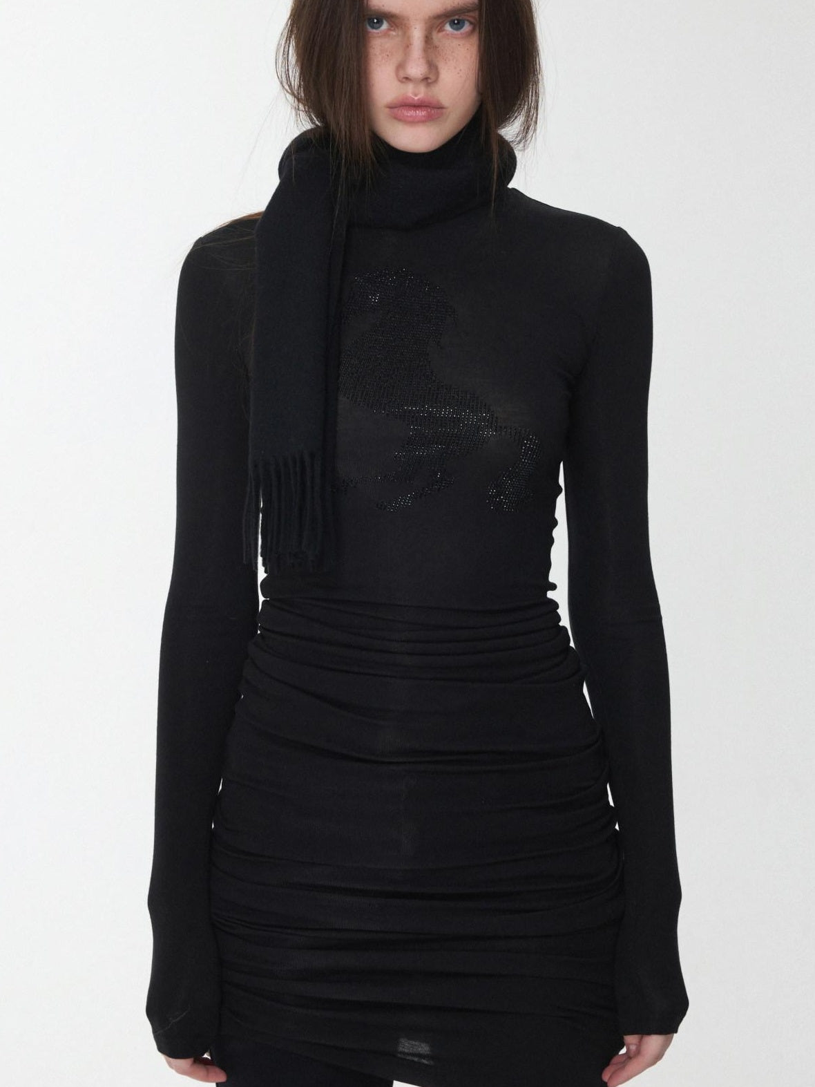 1JINN STUDIO Lyocell Wool Blend Turtleneck Long Sleeve Slim Fit Casual Women Mini Dresses