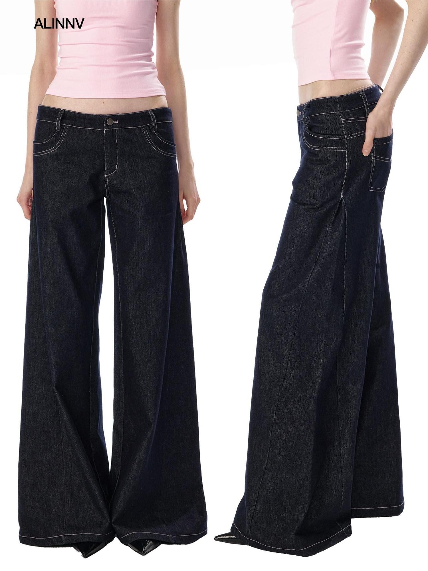 ALINNVSTUDIO Soft Cotton Low Rise Button Fly Loose Fit Women Classic Straight Leg Jeans