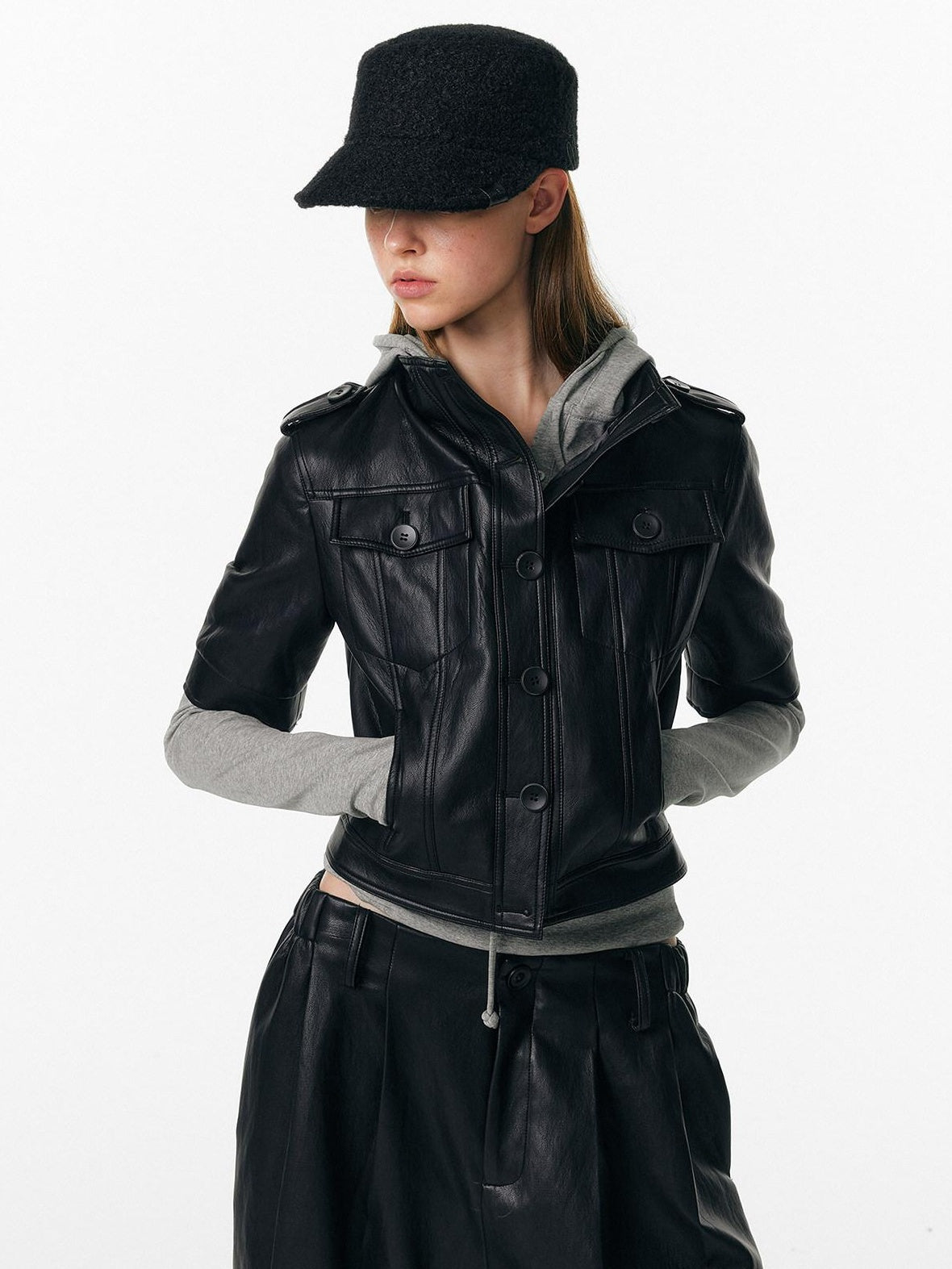 ALINNVSTUDIO Sleek Pu Slim Fit Cropped Short Sleeve Stand Collar Women Leather Jackets
