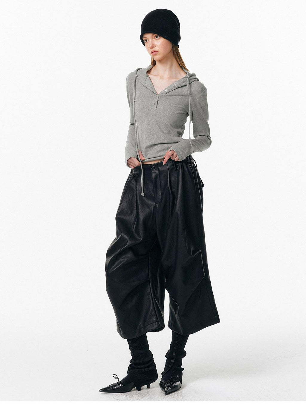 ALINNVSTUDIO Pu Pleated Low Waist Button Fly Irregular Fold Casual Women Black Wide Leg Pants