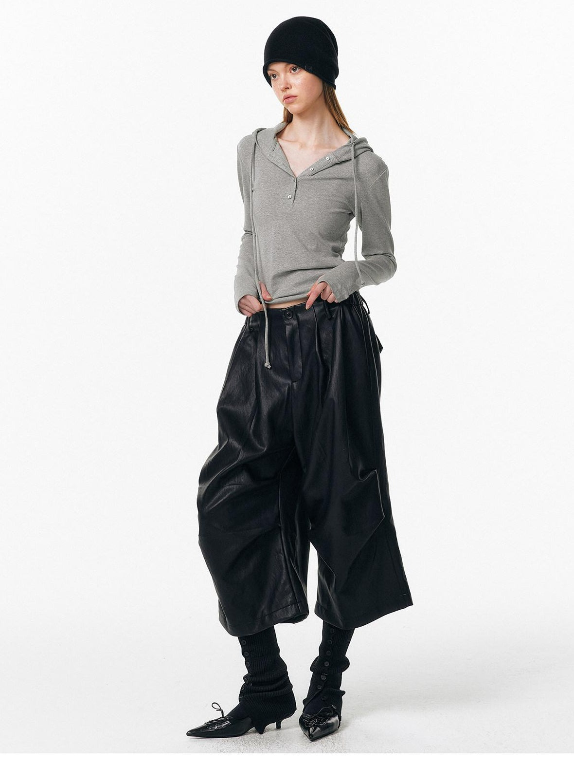 ALINNVSTUDIO Pu Pleated Low Waist Button Fly Irregular Fold Casual Women Black Wide Leg Pants