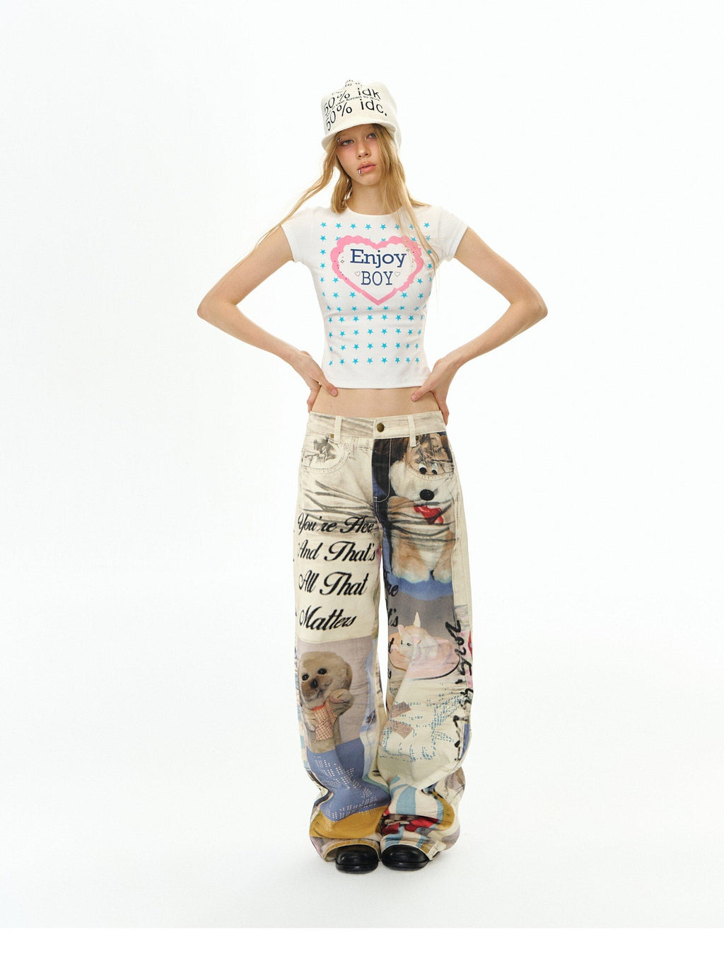 DeleteEx Cute Printed Slim Fit Round Neck Flutter Sleeve Cropped Ivory Basic Crop Tops