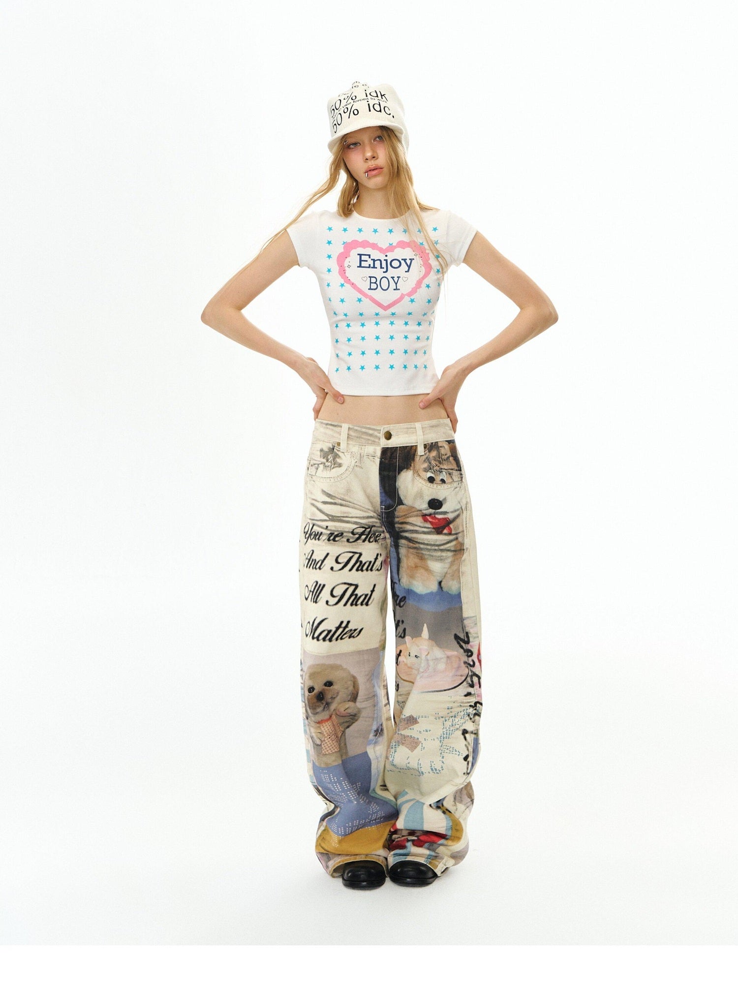 DeleteEx Cute Printed Slim Fit Round Neck Flutter Sleeve Cropped Ivory Basic Crop Tops