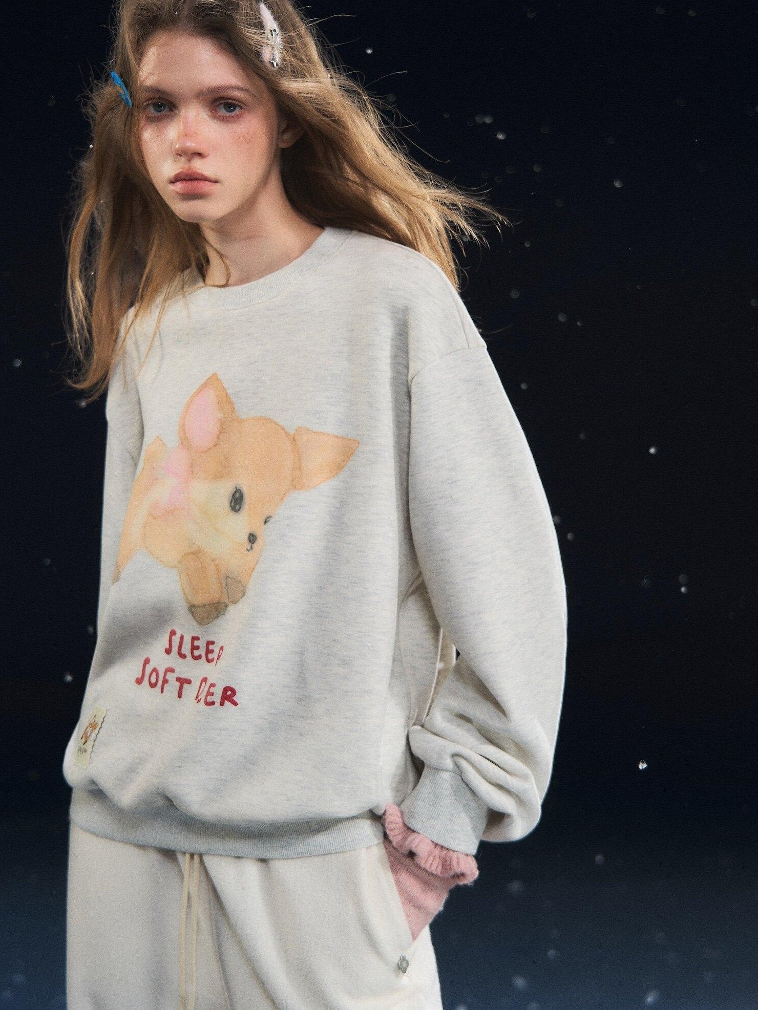 SOMESOWE Cartoon Print Oversized Crewneck Loose Fit Long Sleeve Commuter Sweatshirt