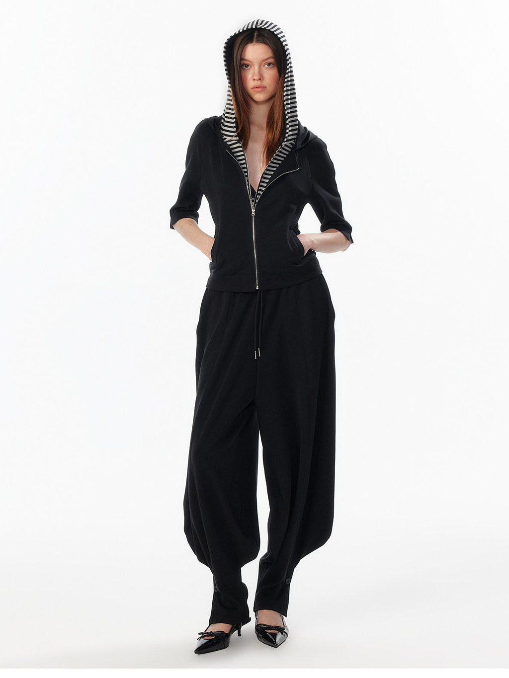 ALINNVSTUDIO Waist Slimming Cropped Zip Patchwork Raglan Hooded Pocket Ribbed Women Hoodie