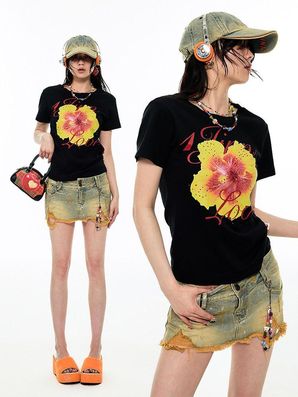 1JINN STUDIO 100% Cotton Floral Print Slim Fit Casual Crew Neck Women Short Sleeve T-Shirts
