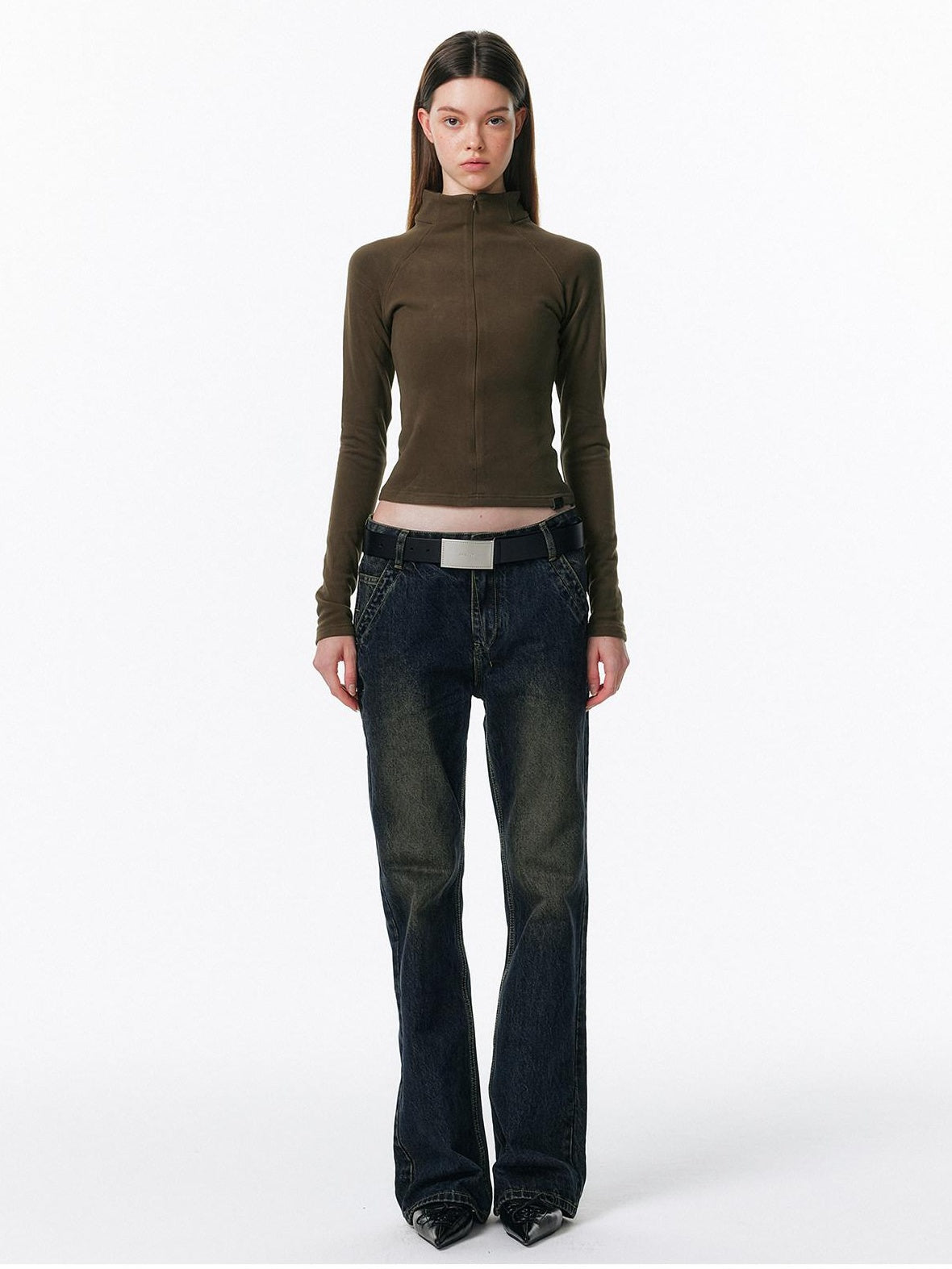 ALINNVSTUDIO Retro Washed Lowrise Micro Flare Cotton Button Fly Women Commute Flared Jeans