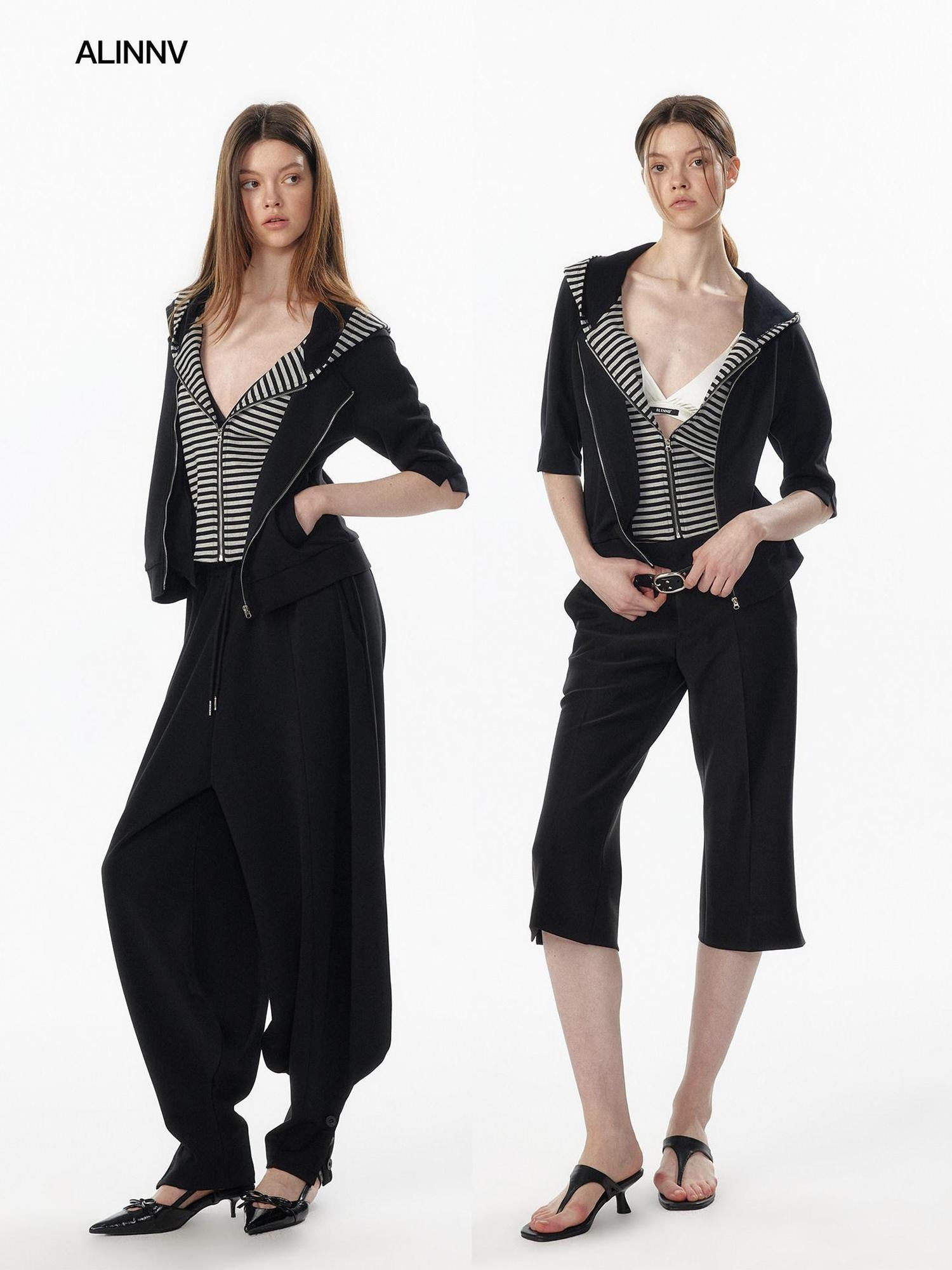 ALINNVSTUDIO Waist Slimming Cropped Zip Patchwork Raglan Hooded Pocket Ribbed Women Hoodie