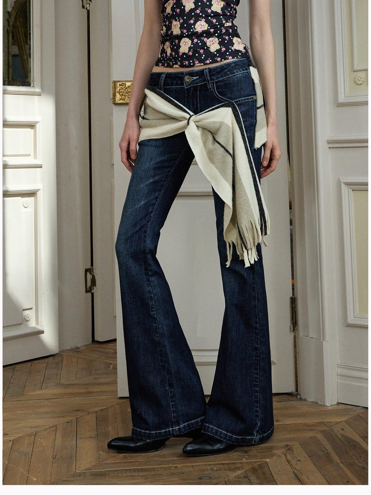 DeleteEx Micro Stretch Slim Fit Tie Detail Natural Waist Women Deep Blue Flared Jeans