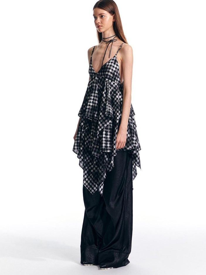 ALINNVSTUDIO Plaid Strappy Polyester Sweet Spicy Sleeveless Youth City Commute Midi Dresses