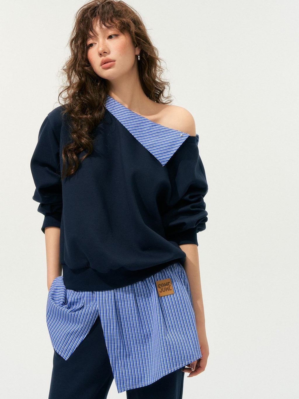 SOMESOWE Patchwork Cropped Oversized Collared Sweatshirt Heather Grey Top & Pants Sets