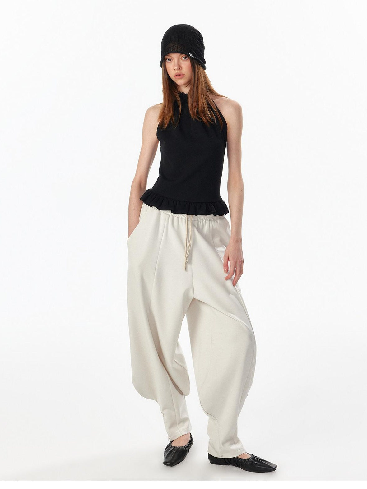 ALINNVSTUDIO Breathable Modal Loose Balloon Split Hem Natural Waist Women Black Sweatpants