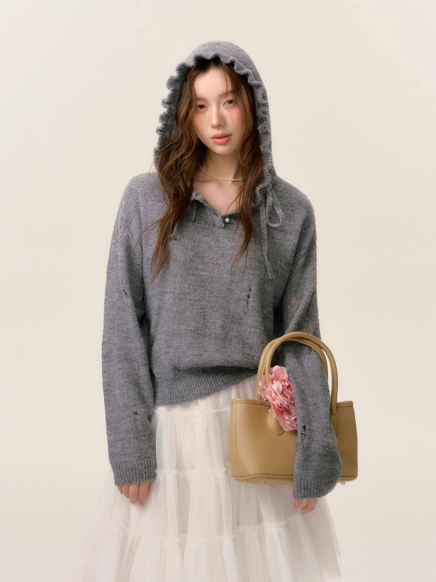 SOMESOWE Oversized Crochet Tie Street Loose Fit Women Grey Long Sleeve T-Shirts