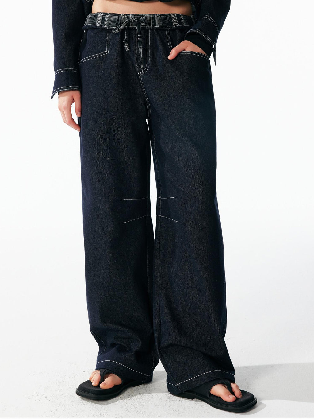 ALINNVSTUDIO Relaxed Fit Cotton Natural Waist Topstitch Deep Indigo Women Wide Leg Jeans