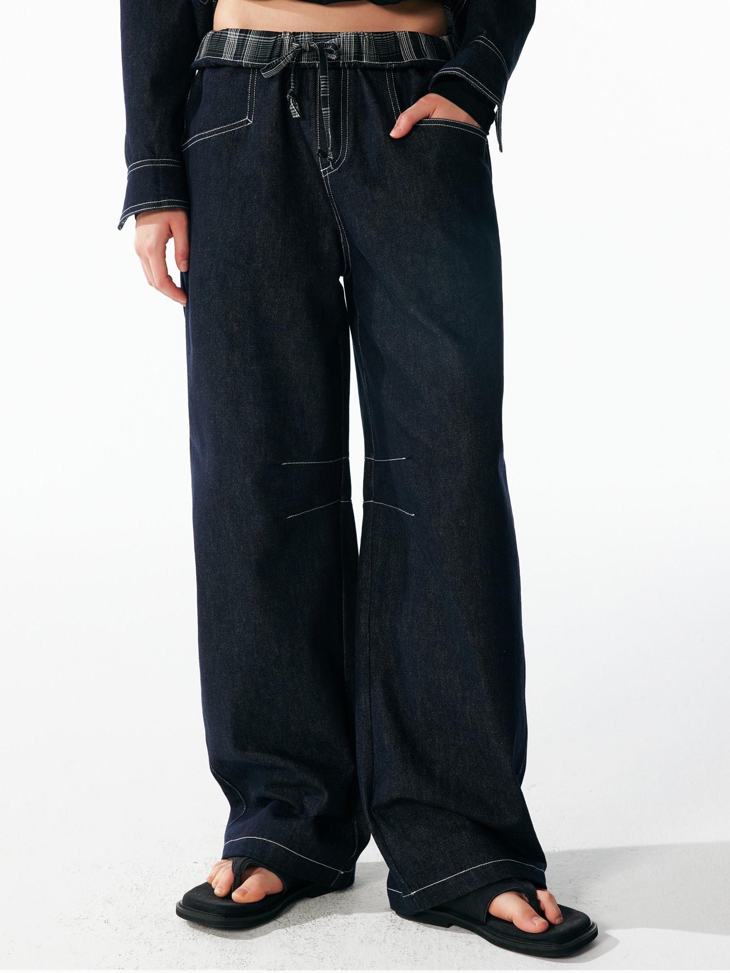 ALINNVSTUDIO Relaxed Fit Cotton Natural Waist Topstitch Deep Indigo Women Wide Leg Jeans