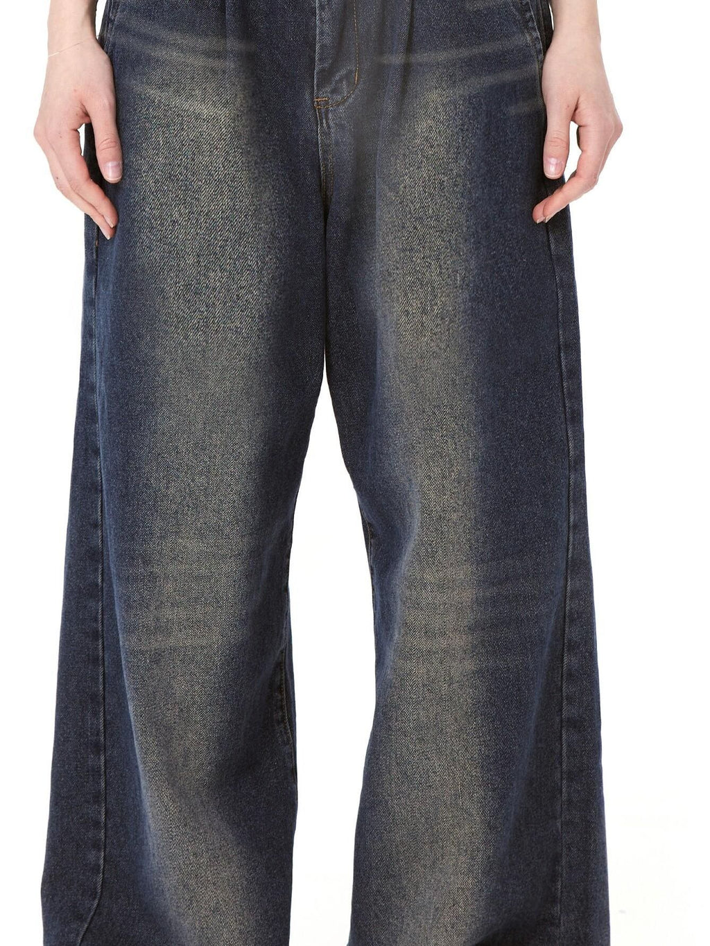 DeleteEx High Waist Distressed American Loose Fit Zipper Women Dark Blue Wide Leg Jeans