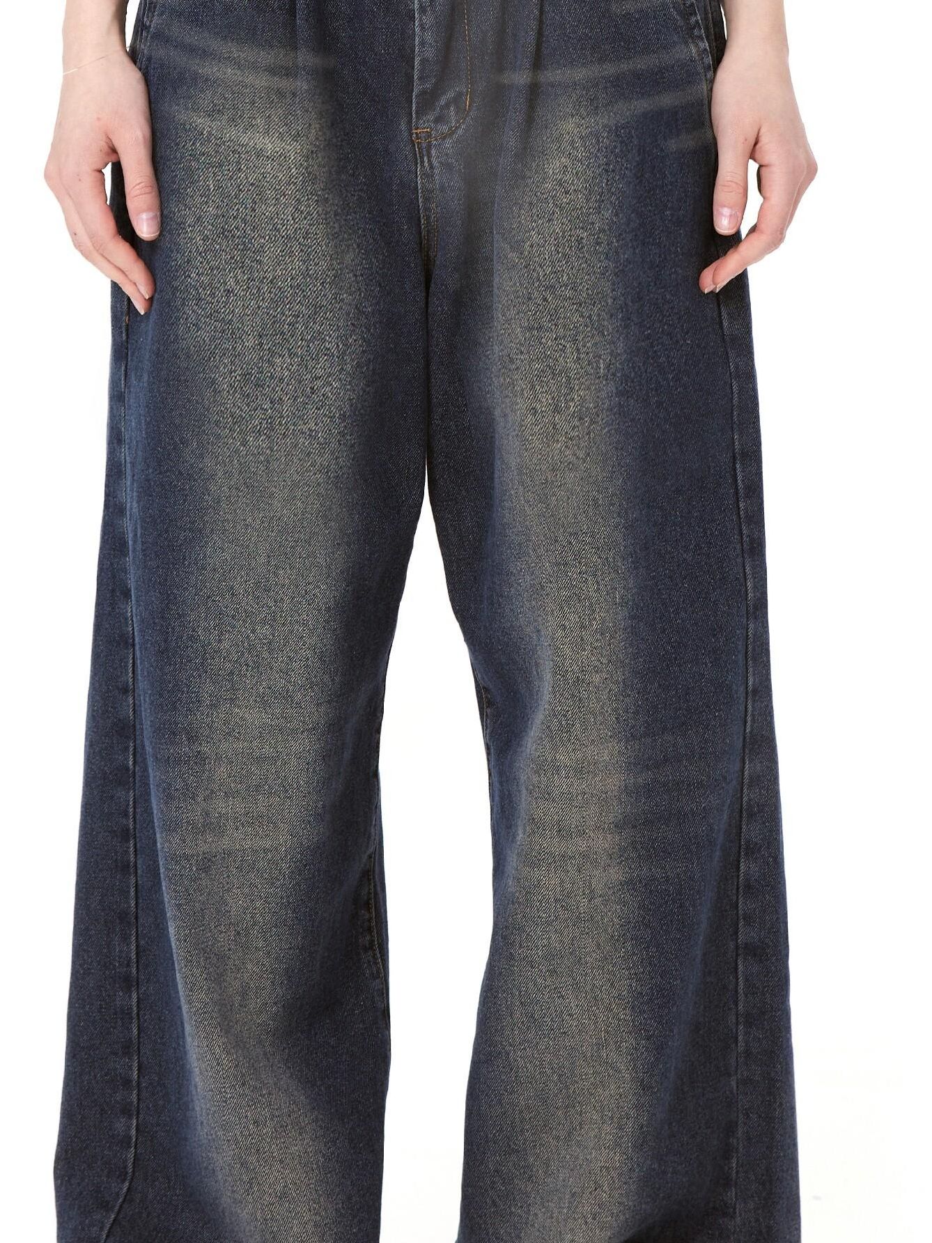 DeleteEx High Waist Distressed American Loose Fit Zipper Women Dark Blue Wide Leg Jeans